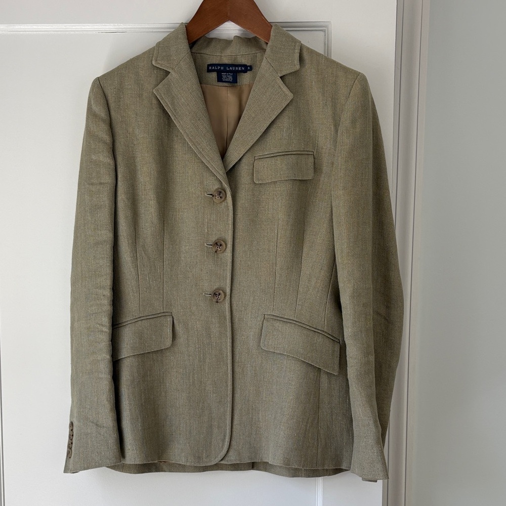 Ralph Lauren Soft Sage Blue Linen Three-Button Tailored Blazer